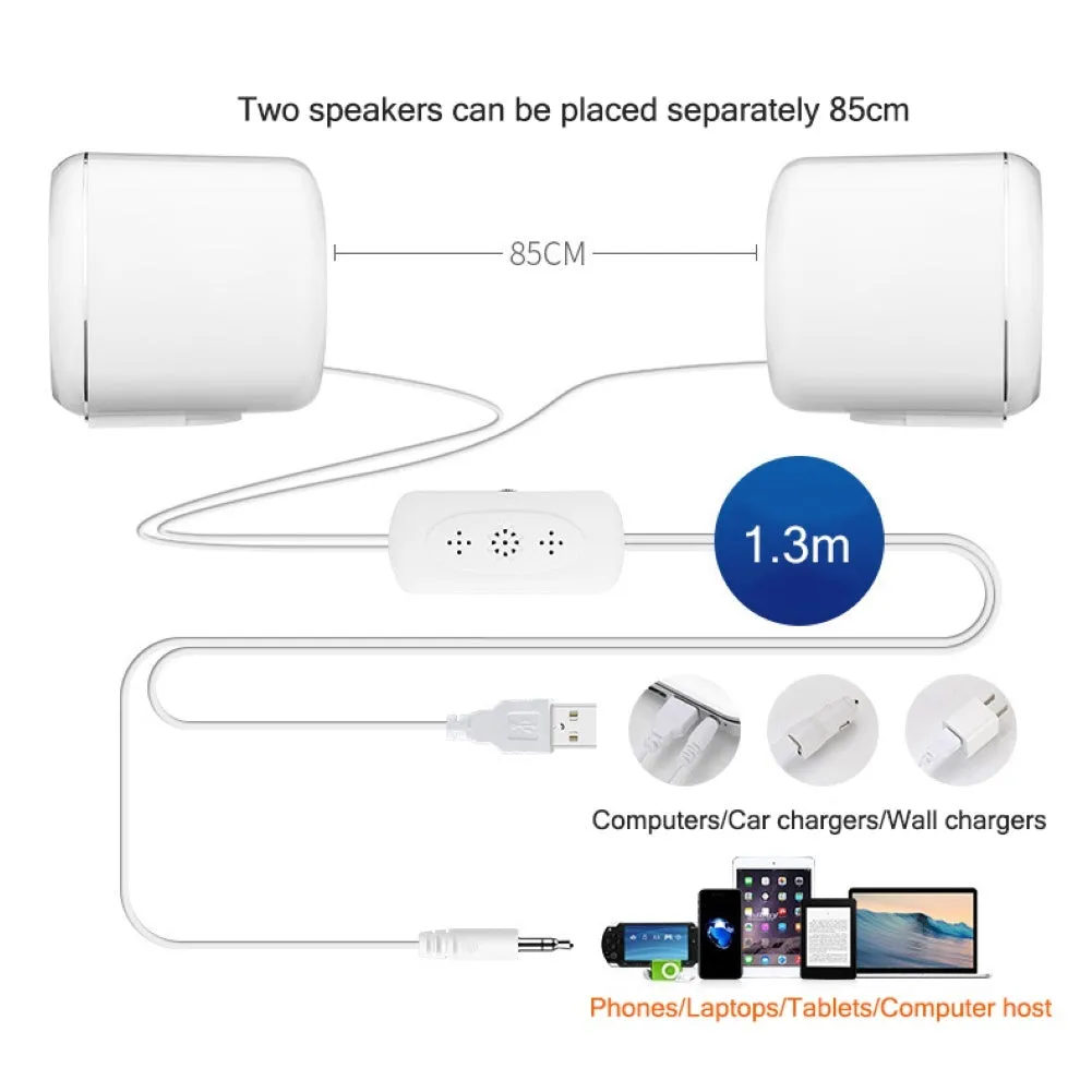 Black and white mini computer speakers with wired 3.5mm connection for desktop audio enhancement