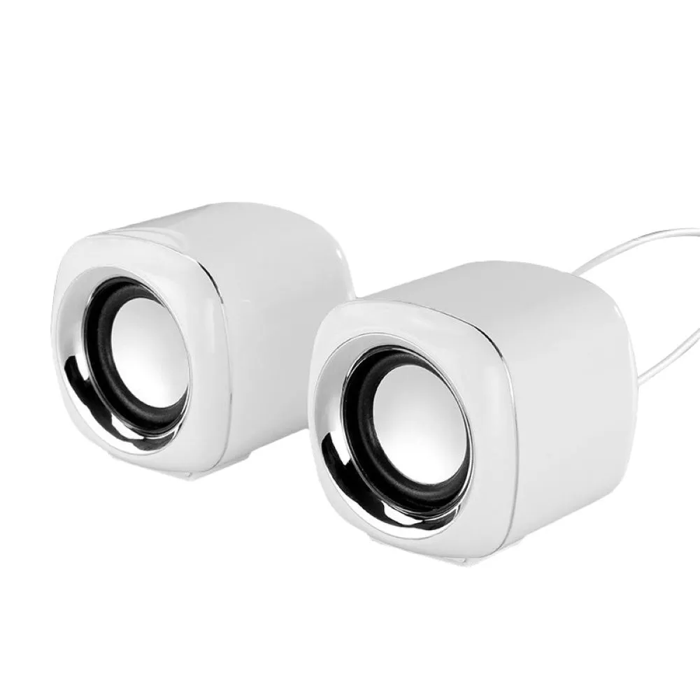 Black and white mini computer speakers with wired 3.5mm connection for desktop audio enhancement