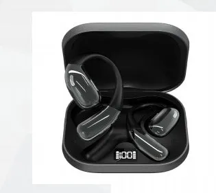 Hanging Bluetooth earphones A51 in black on a charging case, with Type-C port
