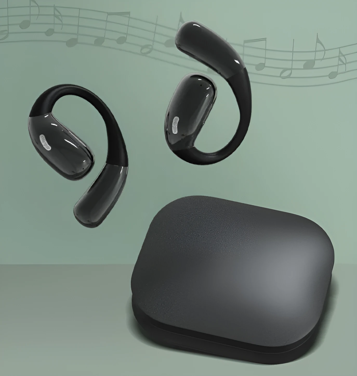 Hanging Bluetooth earphones A51 in black on a charging case, with Type-C port