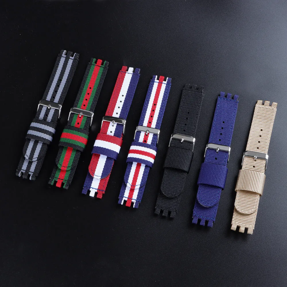 Nylon canvas watch strap in black with silver buckle, 20mm width, Business All-Match style