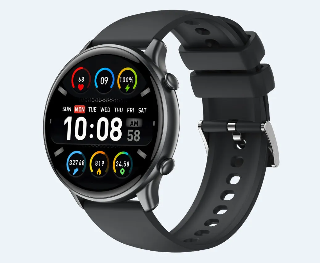 Round smart sports watch with touch screen on silicone strap showing heart rate display