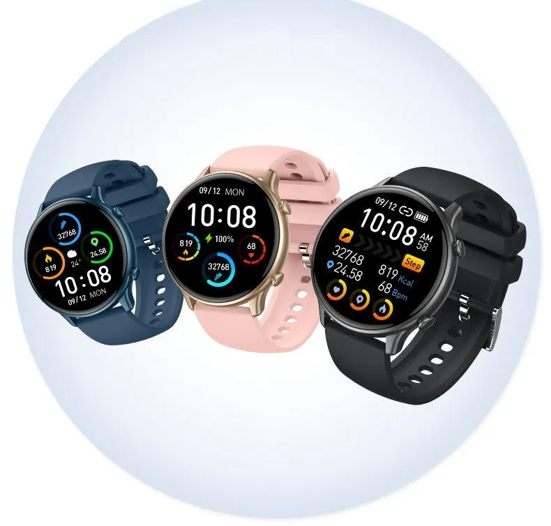 Round smart sports watch with touch screen on silicone strap showing heart rate display