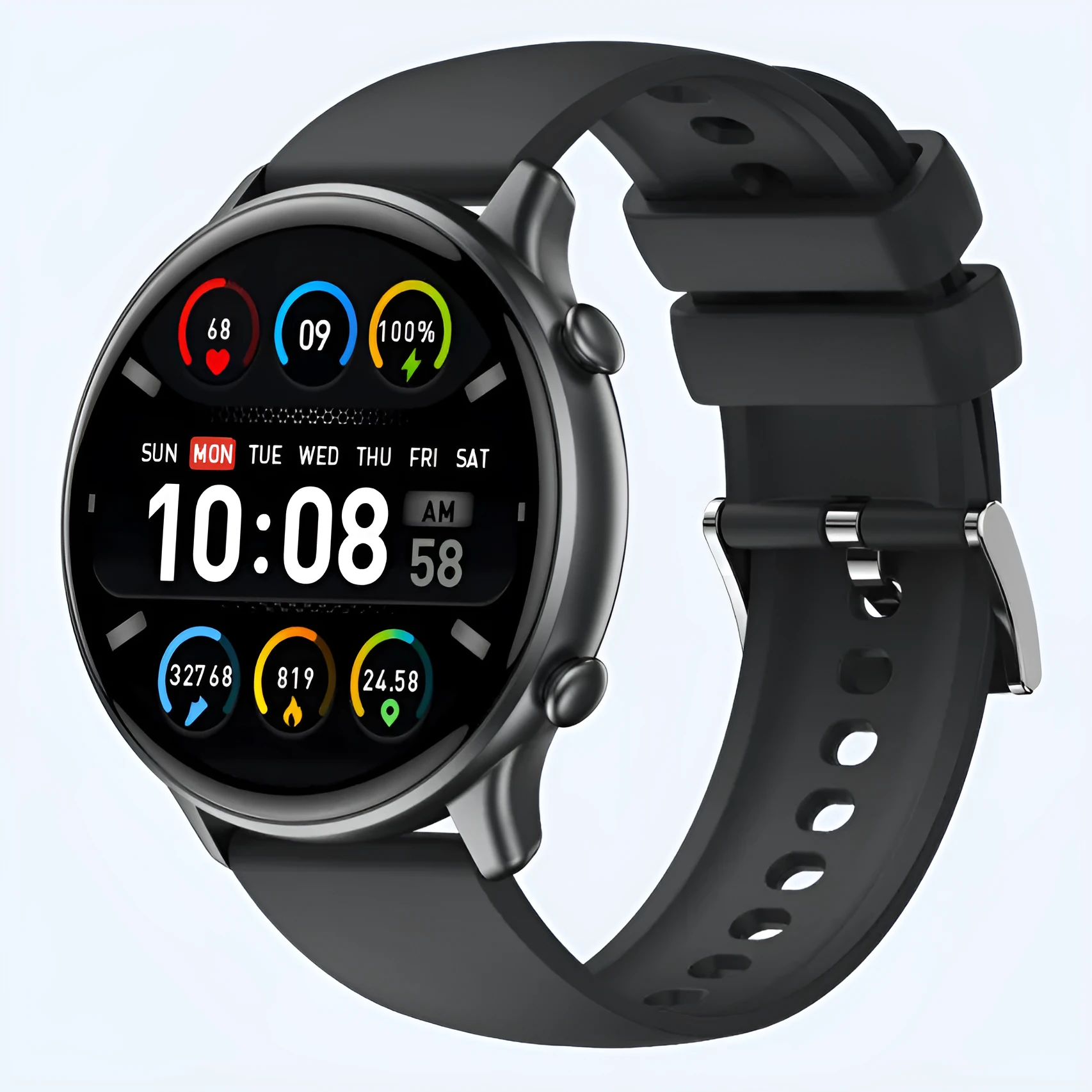 Round smart sports watch with touch screen on silicone strap showing heart rate display