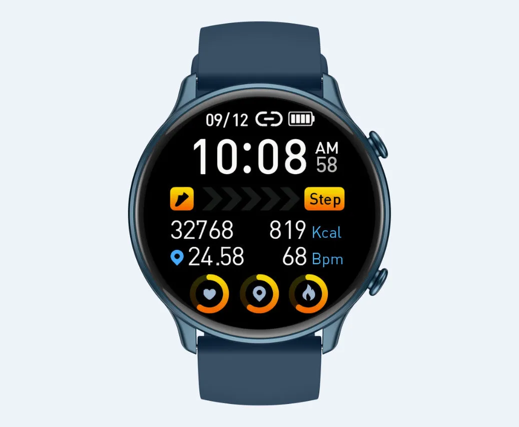 Round smart sports watch with touch screen on silicone strap showing heart rate display