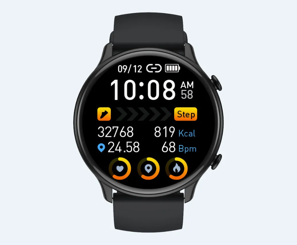Round smart sports watch with touch screen on silicone strap showing heart rate display