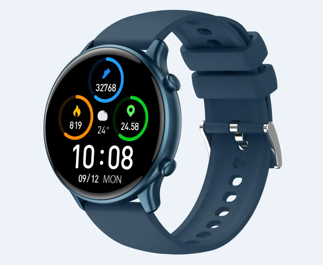 Round smart sports watch with touch screen on silicone strap showing heart rate display