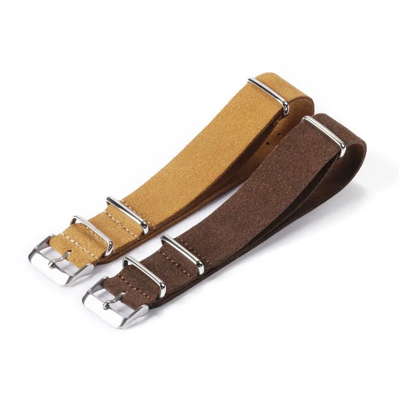 Genuine leather watch strap with velvet finish in retro artistic style, 20mm width, black colour, on a light background