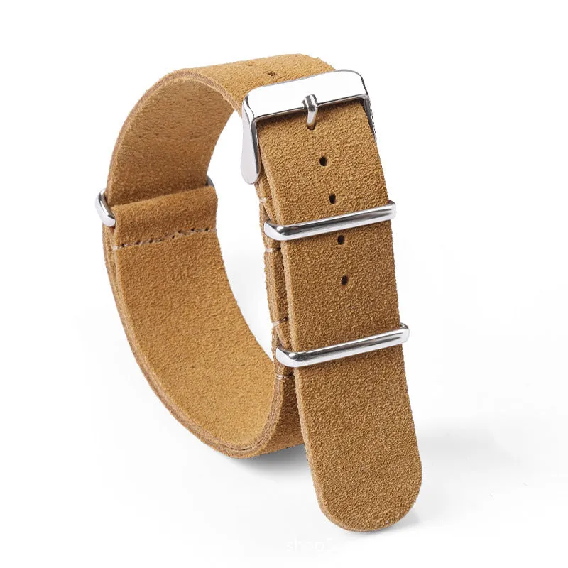 Genuine leather watch strap with velvet finish in retro artistic style, 20mm width, black colour, on a light background