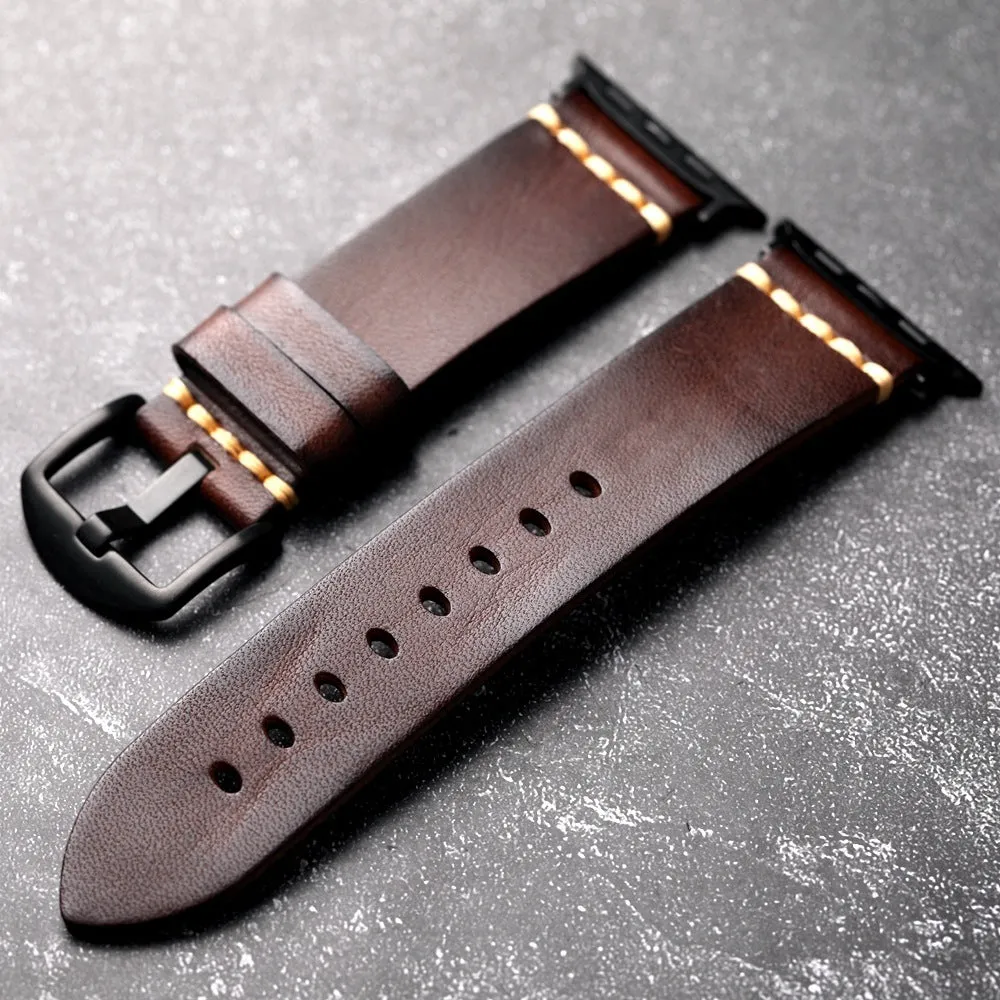 Handmade leather watch strap in brown with a silver stainless steel buckle, 4mm thick ultra first layer cowhide.