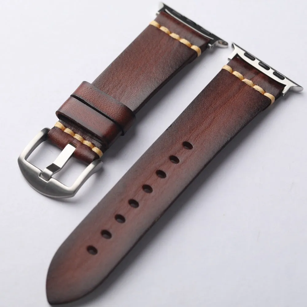 Handmade leather watch strap in brown with a silver stainless steel buckle, 4mm thick ultra first layer cowhide.