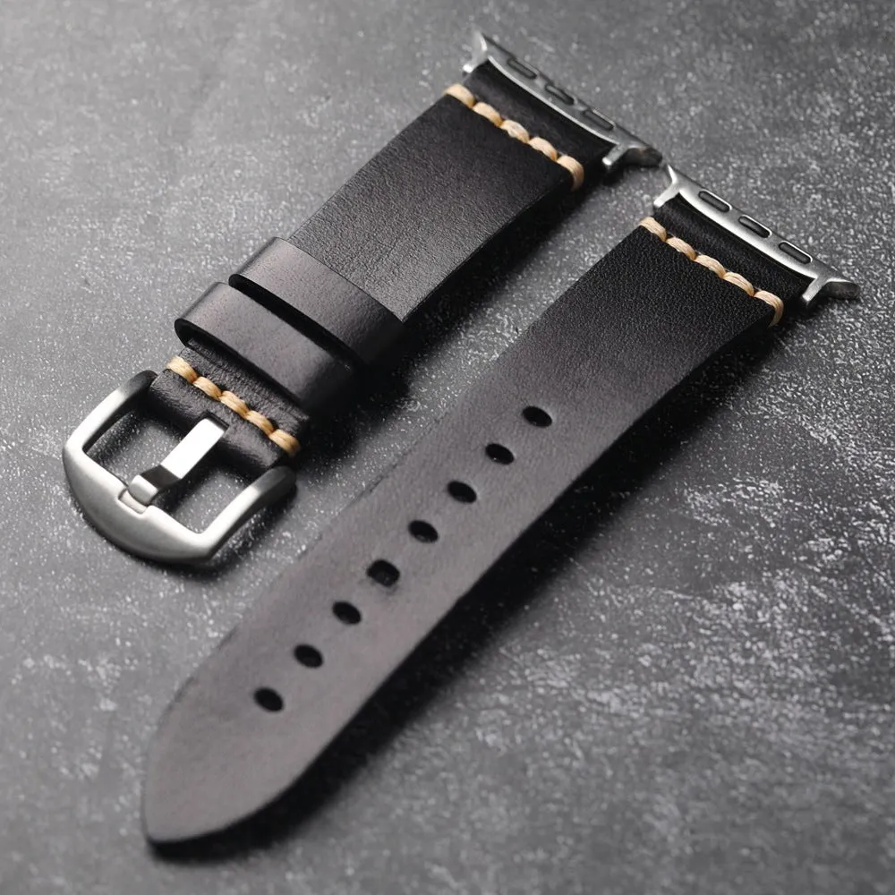 Handmade leather watch strap in brown with a silver stainless steel buckle, 4mm thick ultra first layer cowhide.
