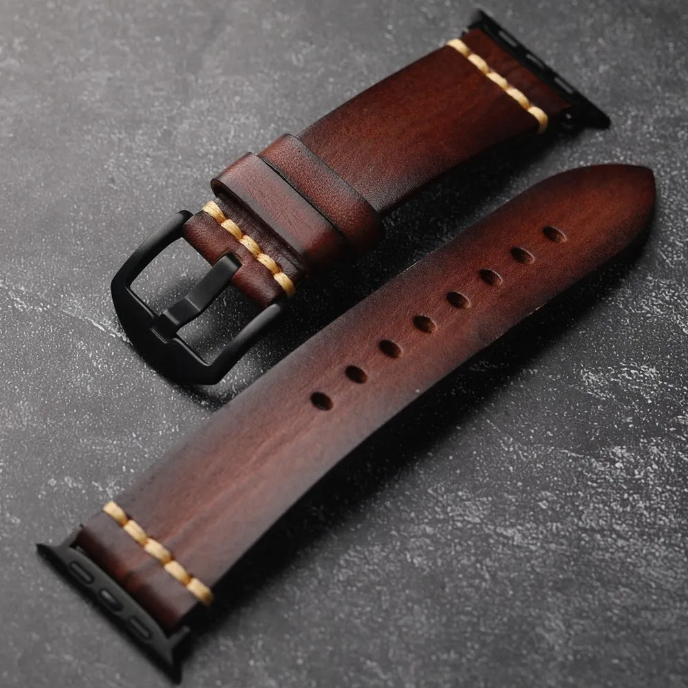 Handmade leather watch strap in brown with a silver stainless steel buckle, 4mm thick ultra first layer cowhide.