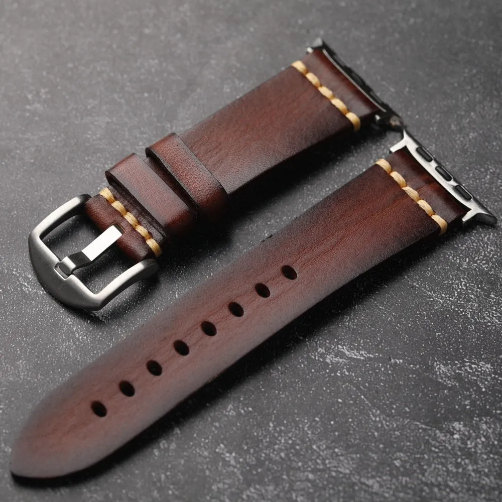 Handmade leather watch strap in brown with a silver stainless steel buckle, 4mm thick ultra first layer cowhide.