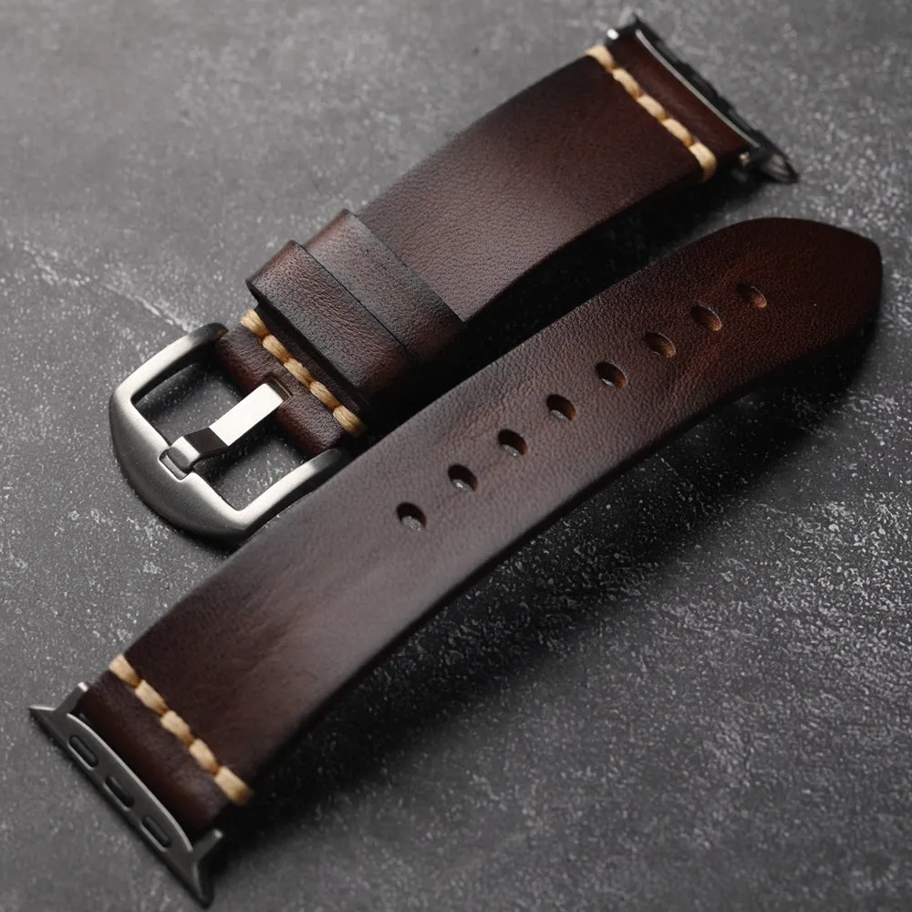 Handmade leather watch strap in brown with a silver stainless steel buckle, 4mm thick ultra first layer cowhide.
