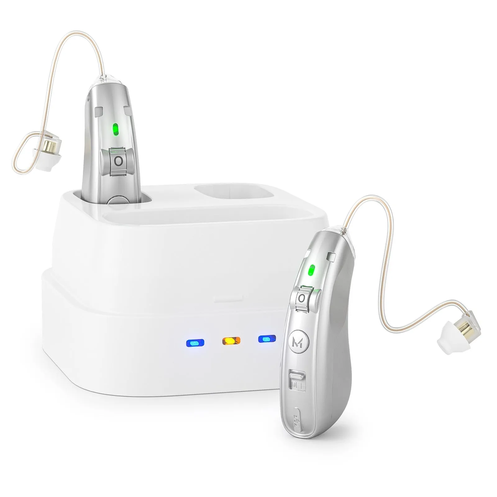 Hearing aid for elderly in silver with USB charging port and noise reduction feature