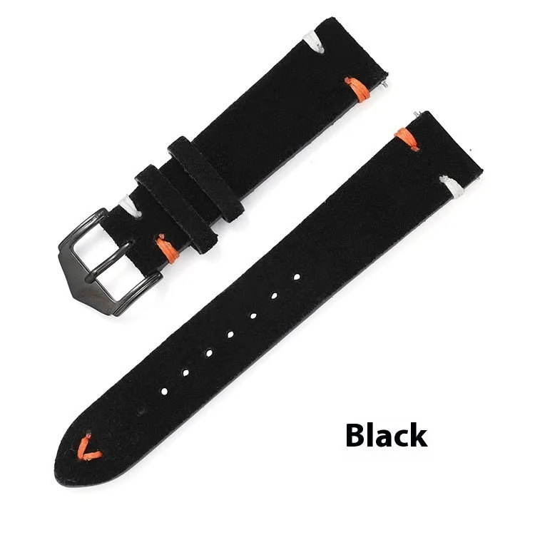 Genuine leather suede quick release watch strap with raw ear design in black, 20mm width silver buckle