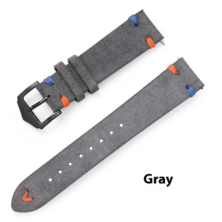Genuine leather suede quick release watch strap with raw ear design in black, 20mm width silver buckle