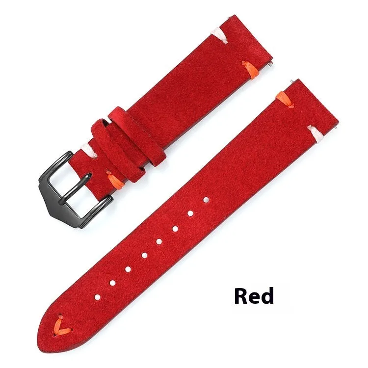 Genuine leather suede quick release watch strap with raw ear design in black, 20mm width silver buckle
