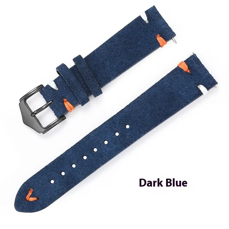 Genuine leather suede quick release watch strap with raw ear design in black, 20mm width silver buckle