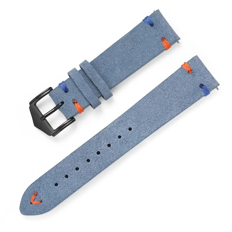 Genuine leather suede quick release watch strap with raw ear design in black, 20mm width silver buckle