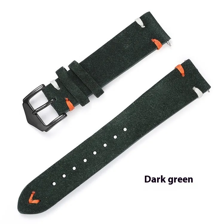 Genuine leather suede quick release watch strap with raw ear design in black, 20mm width silver buckle