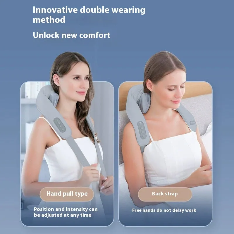 Grey elastic fabric neck and back massager with USB charging port and infrared function