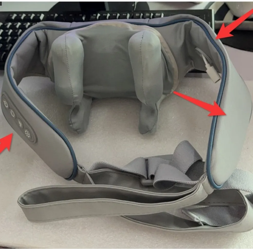 Grey elastic fabric neck and back massager with USB charging port and infrared function