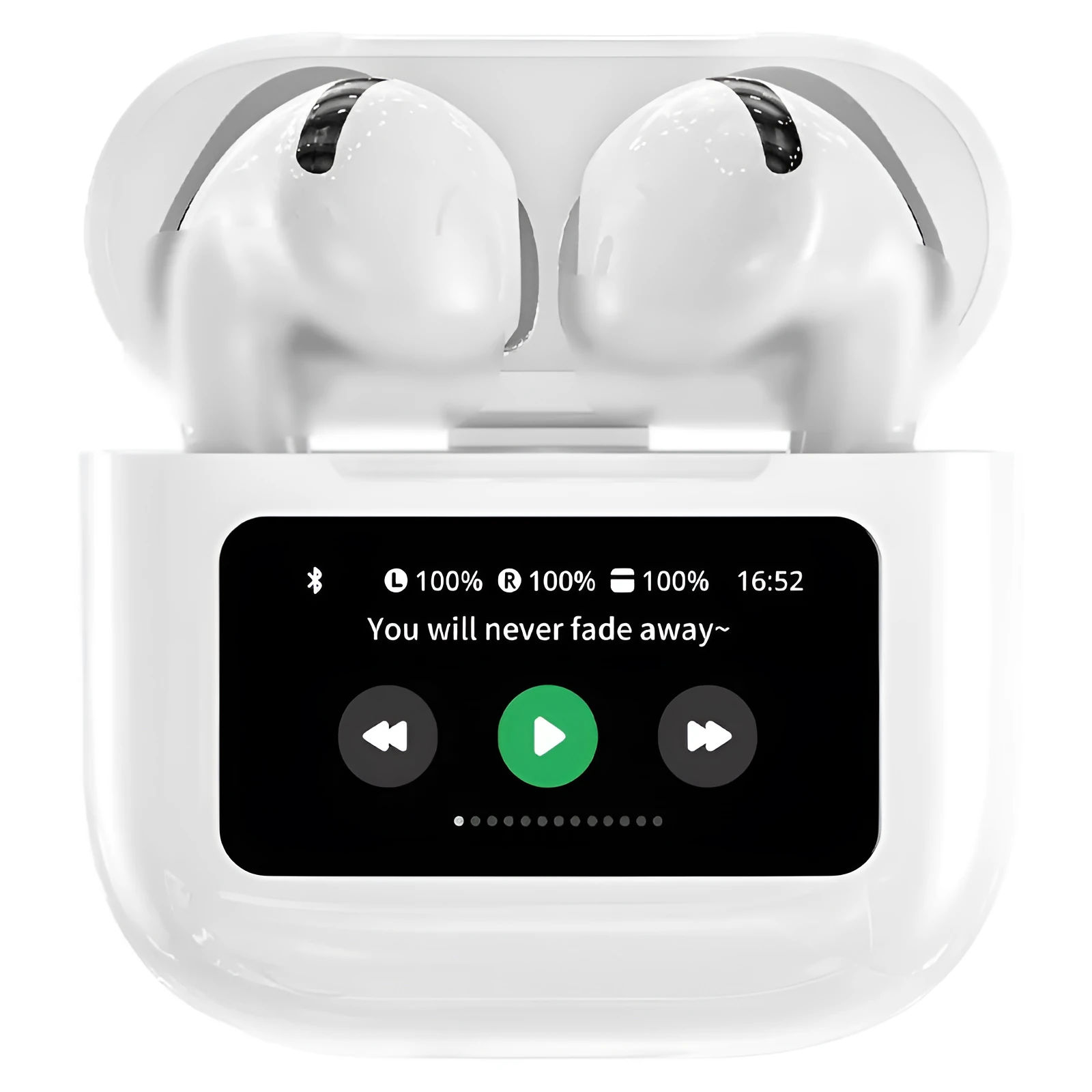 Bluetooth headset with smart colour screen, in-ear design, PC ABS housing, digital display, noise reduction, and waterproof rating