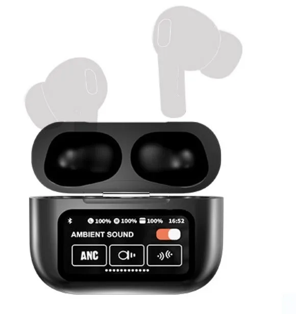 Bluetooth headset with smart colour screen, in-ear design, PC ABS housing, digital display, noise reduction, and waterproof rating