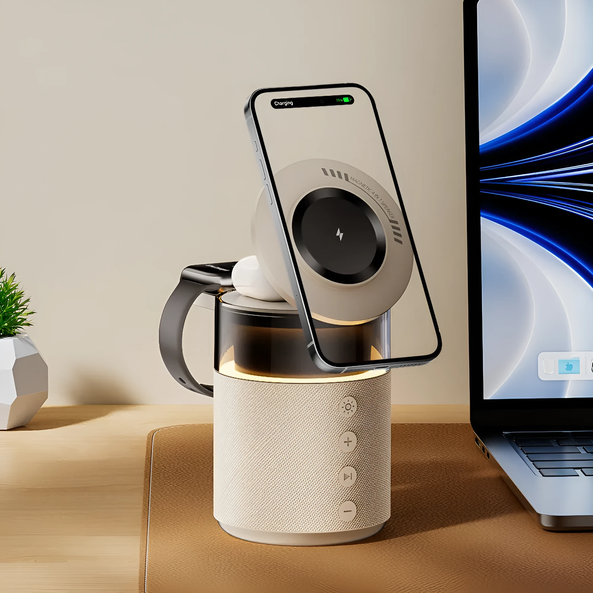 White three-in-one wireless magnetic Bluetooth charger with lighting on a household desk