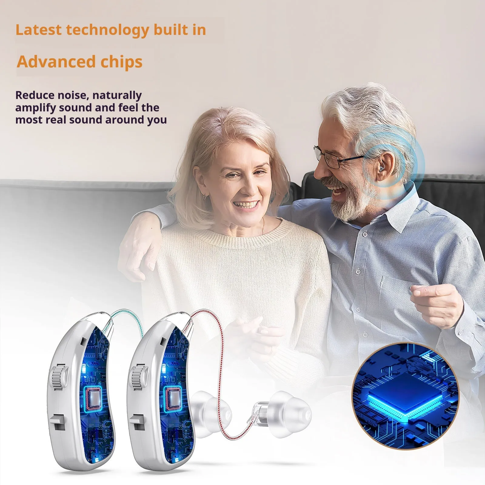 Silver USB rechargeable hearing aid for elderly with noise reduction