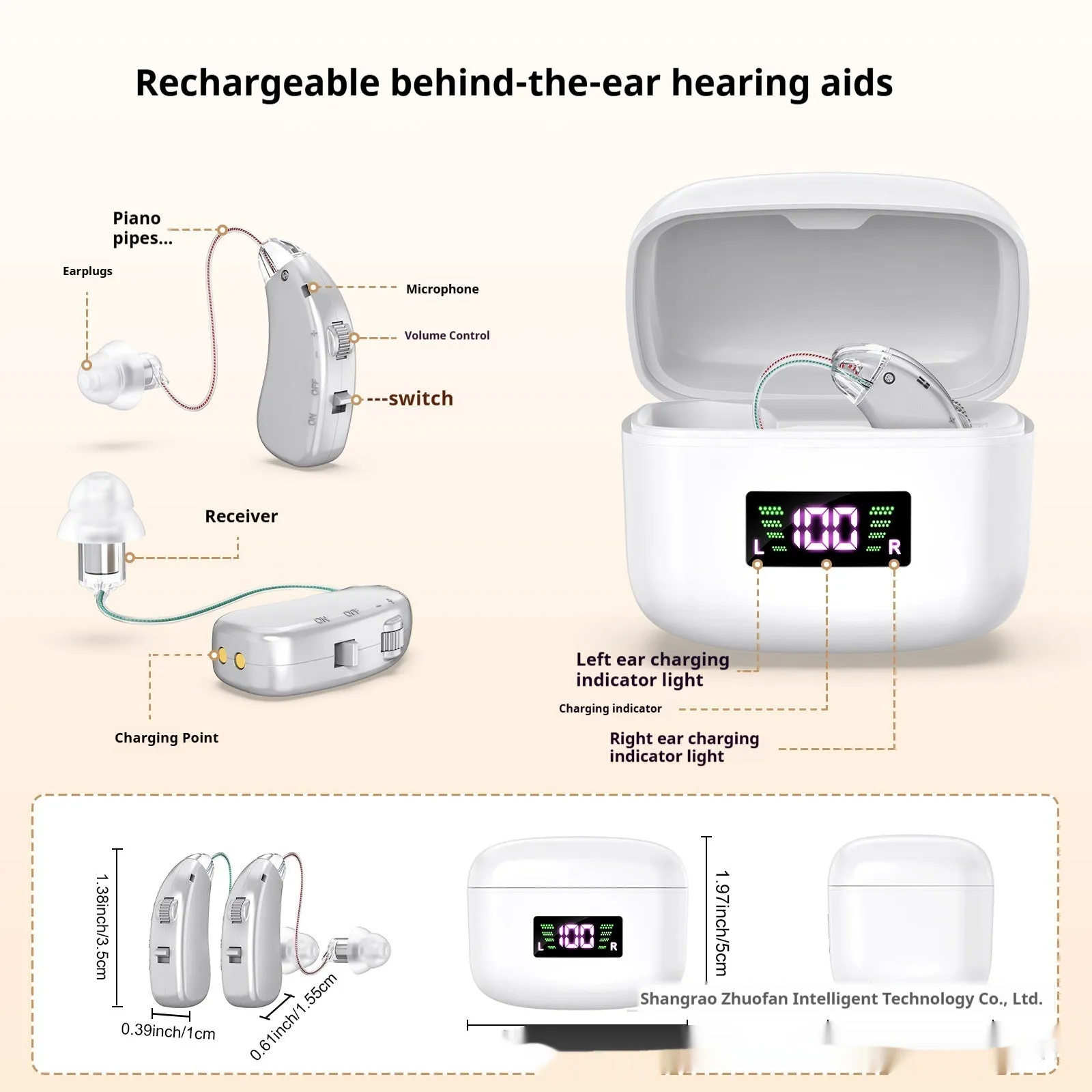 Silver USB rechargeable hearing aid for elderly with noise reduction