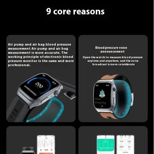 S15 Smart Watch with AMOLED display showing blood pressure and uric acid monitoring on a wrist with black leather strap