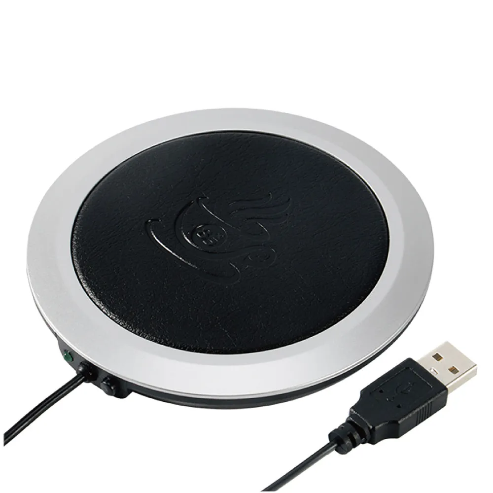 USB-powered insulated heating coaster in PU artificial leather showing black, blue, and orange colour options