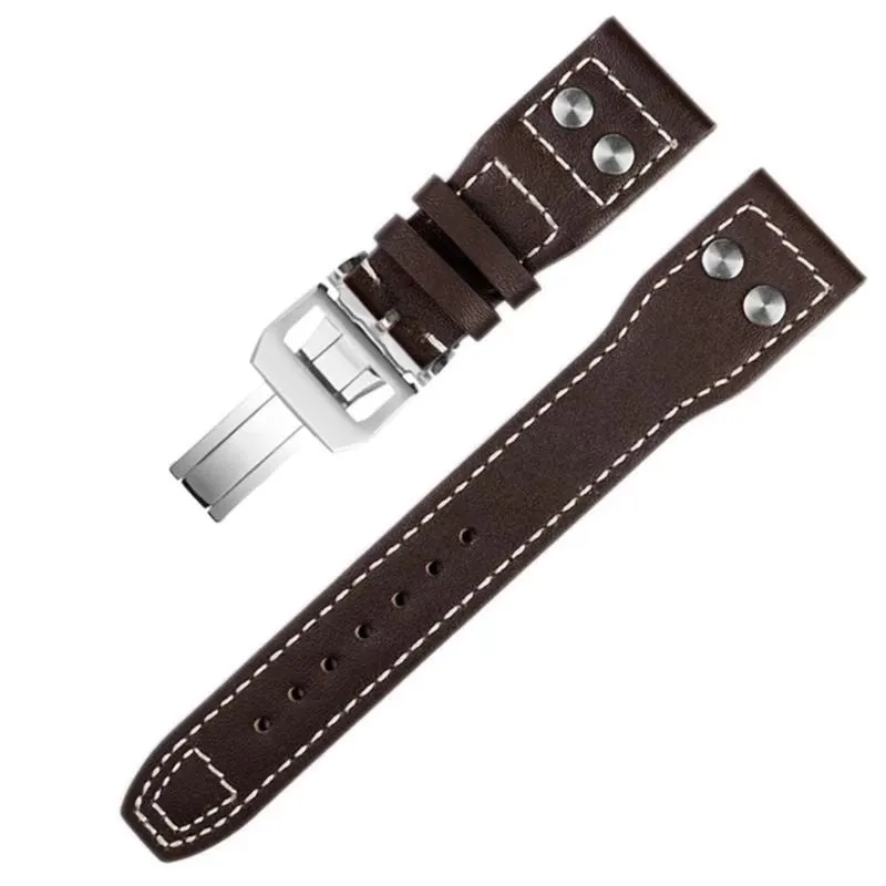 Portuguese Fire Jet genuine leather watch band strap in black with silver buckle, 20mm width