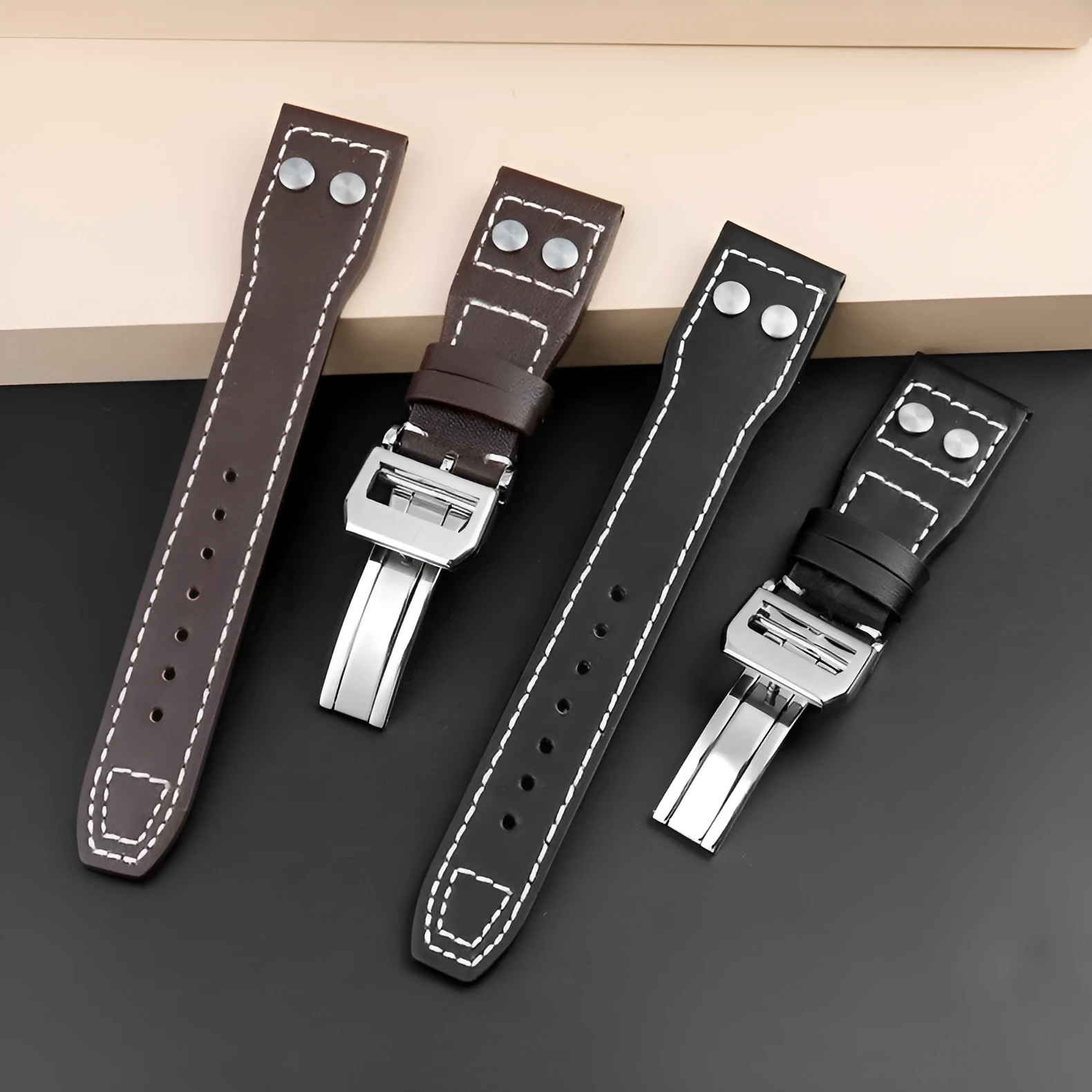Portuguese Fire Jet genuine leather watch band strap in black with silver buckle, 20mm width