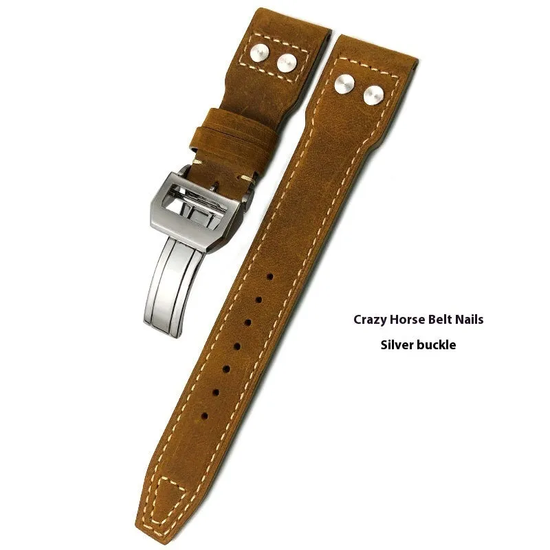 Portuguese Fire Jet genuine leather watch band strap in black with silver buckle, 20mm width