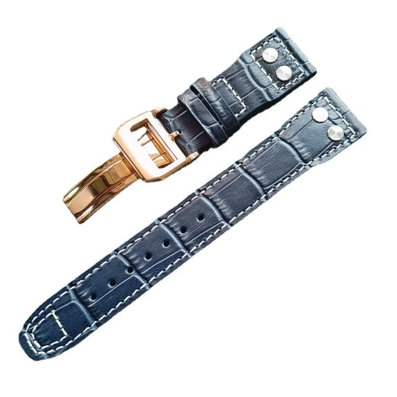 Portuguese Fire Jet genuine leather watch band strap in black with silver buckle, 20mm width