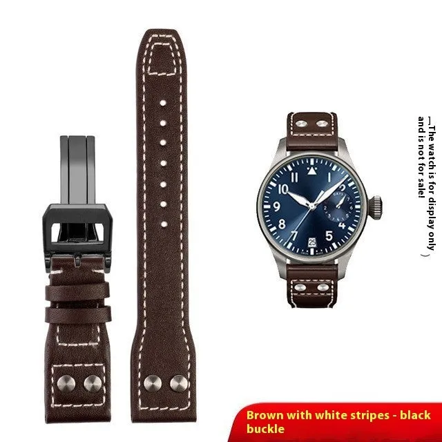 Portuguese Fire Jet genuine leather watch band strap in black with silver buckle, 20mm width