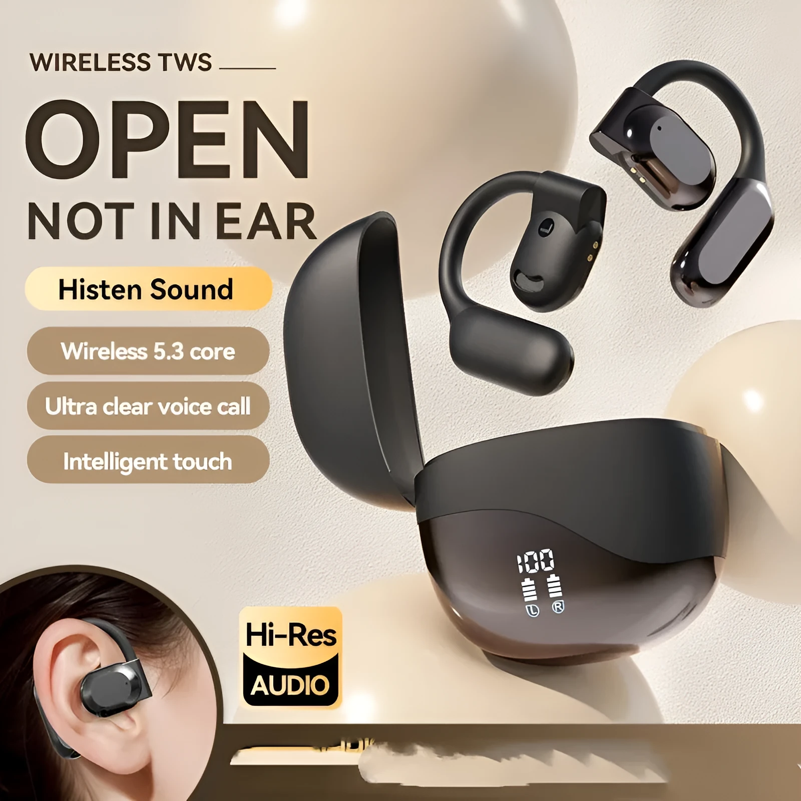 Ear-mounted simultaneous interpretation headset M62 Common Style in Black with ear hook design and breathing light
