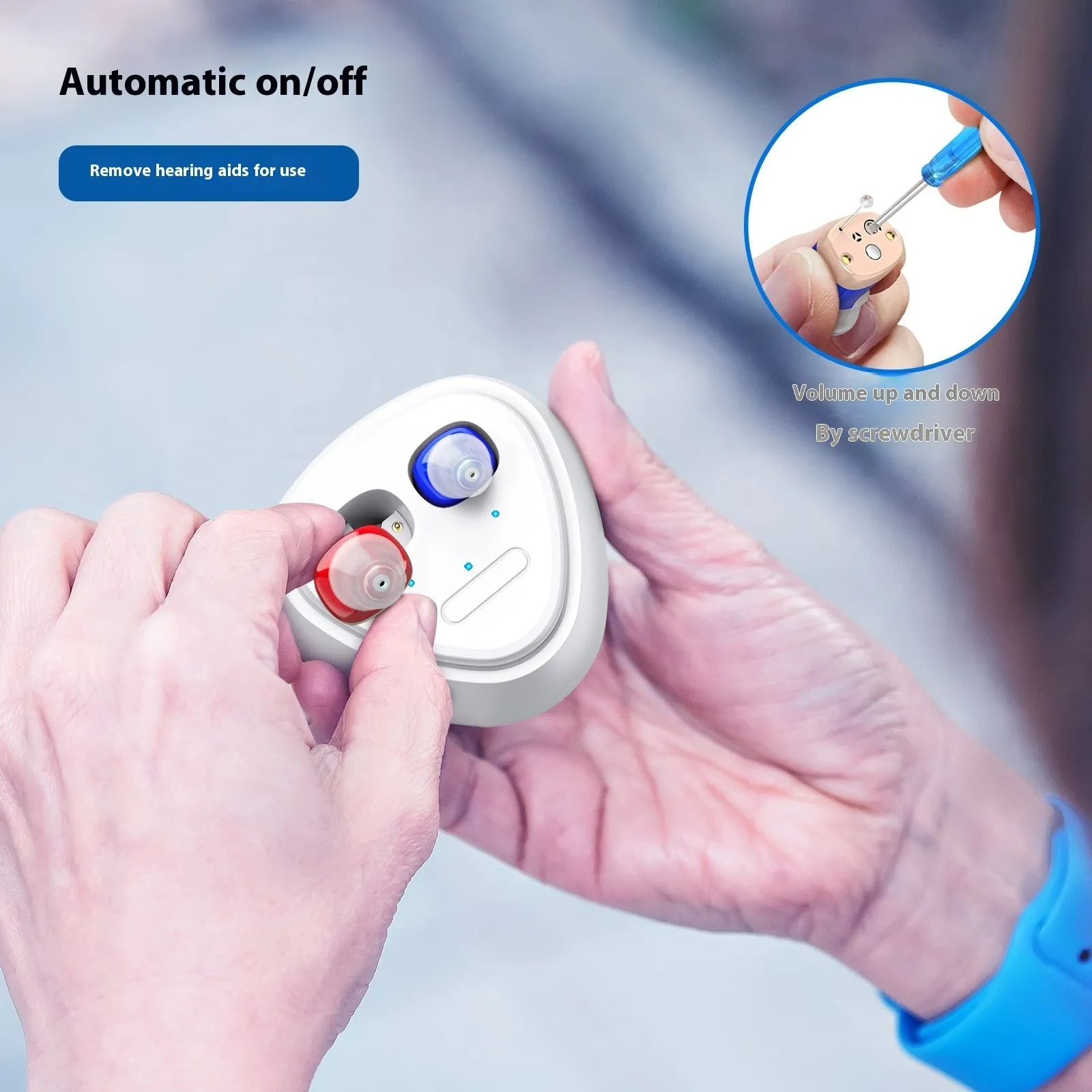 Rechargeable ultra-small in-ear hearing aid with USB charging, available in multiple colours