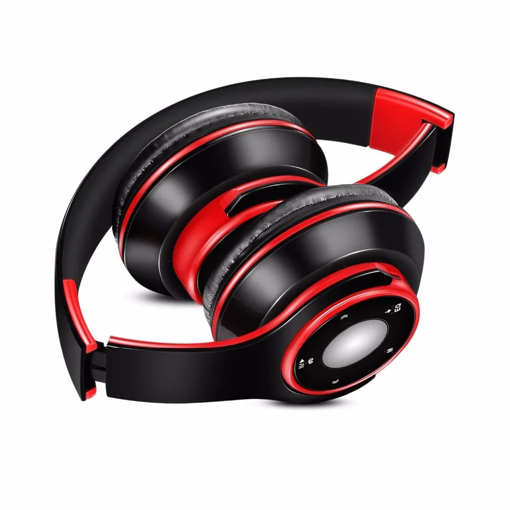 Blue foldable wireless Bluetooth headset with adjustable hinges and a 3.5mm audio jack.
