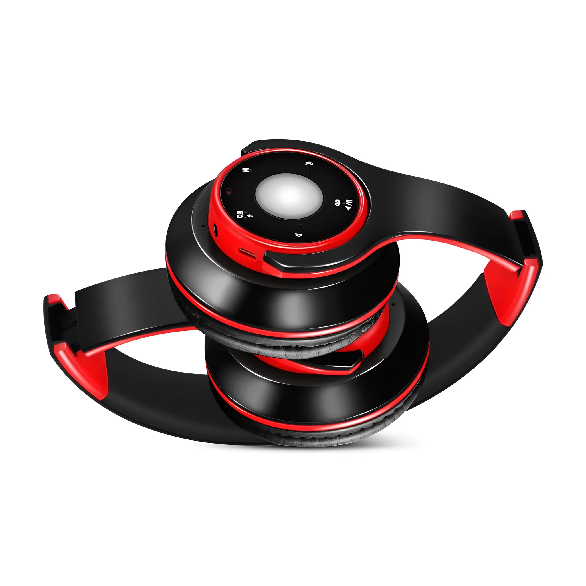 Blue foldable wireless Bluetooth headset with adjustable hinges and a 3.5mm audio jack.