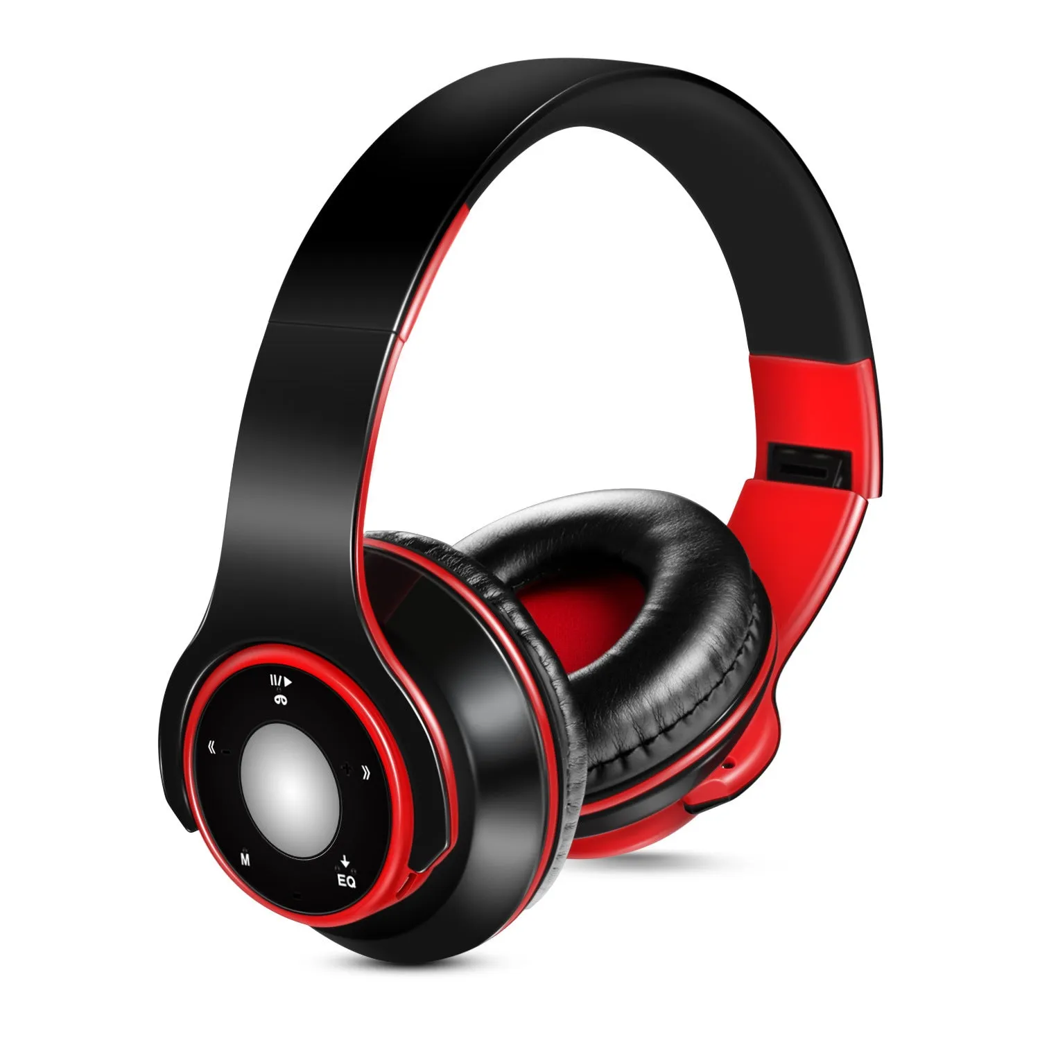 Blue foldable wireless Bluetooth headset with adjustable hinges and a 3.5mm audio jack.