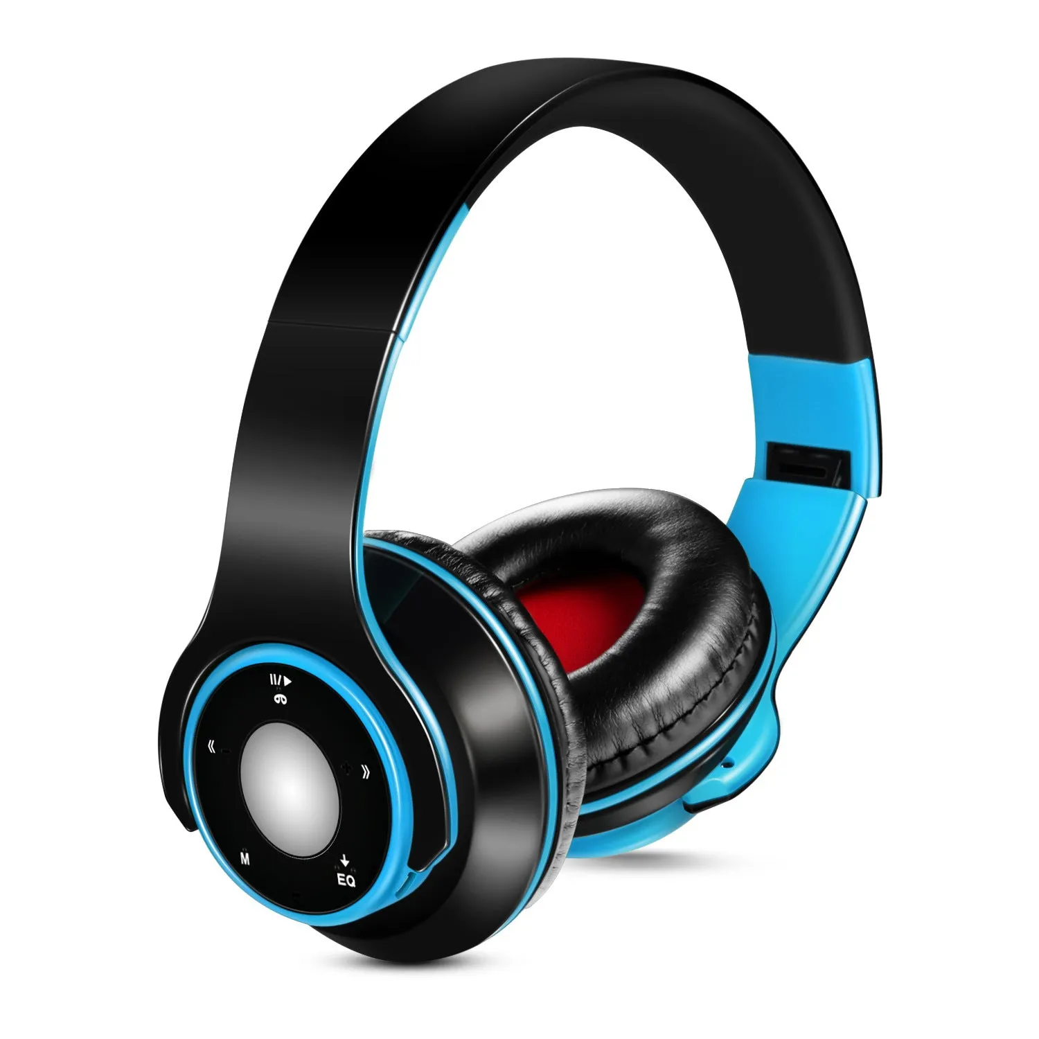 Blue foldable wireless Bluetooth headset with adjustable hinges and a 3.5mm audio jack.