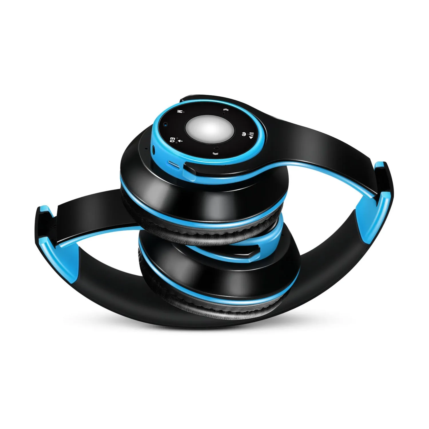 Blue foldable wireless Bluetooth headset with adjustable hinges and a 3.5mm audio jack.