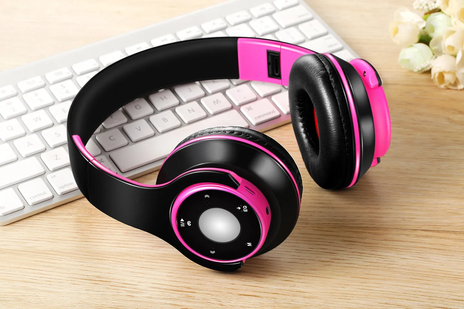 Blue foldable wireless Bluetooth headset with adjustable hinges and a 3.5mm audio jack.