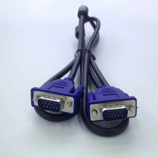 Black VGA cable with blue connector heads, 1.5 metres long, for connecting computers to monitors and TVs.