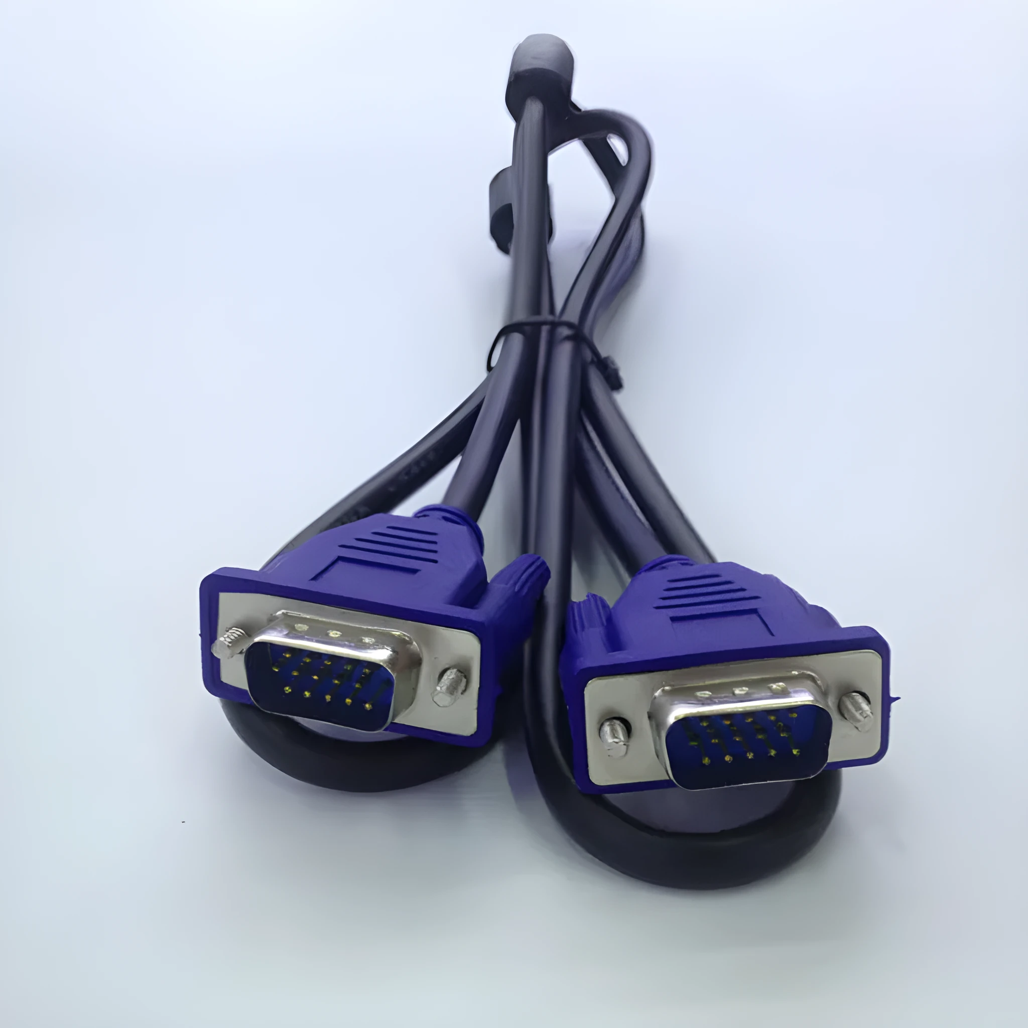 Black VGA cable with blue connector heads, 1.5 metres long, for connecting computers to monitors and TVs.